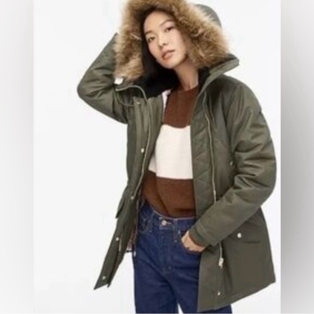 J.Crew Olive Green Perfect Winter Parka with Faux Fur Hood - Picture 3 of 9